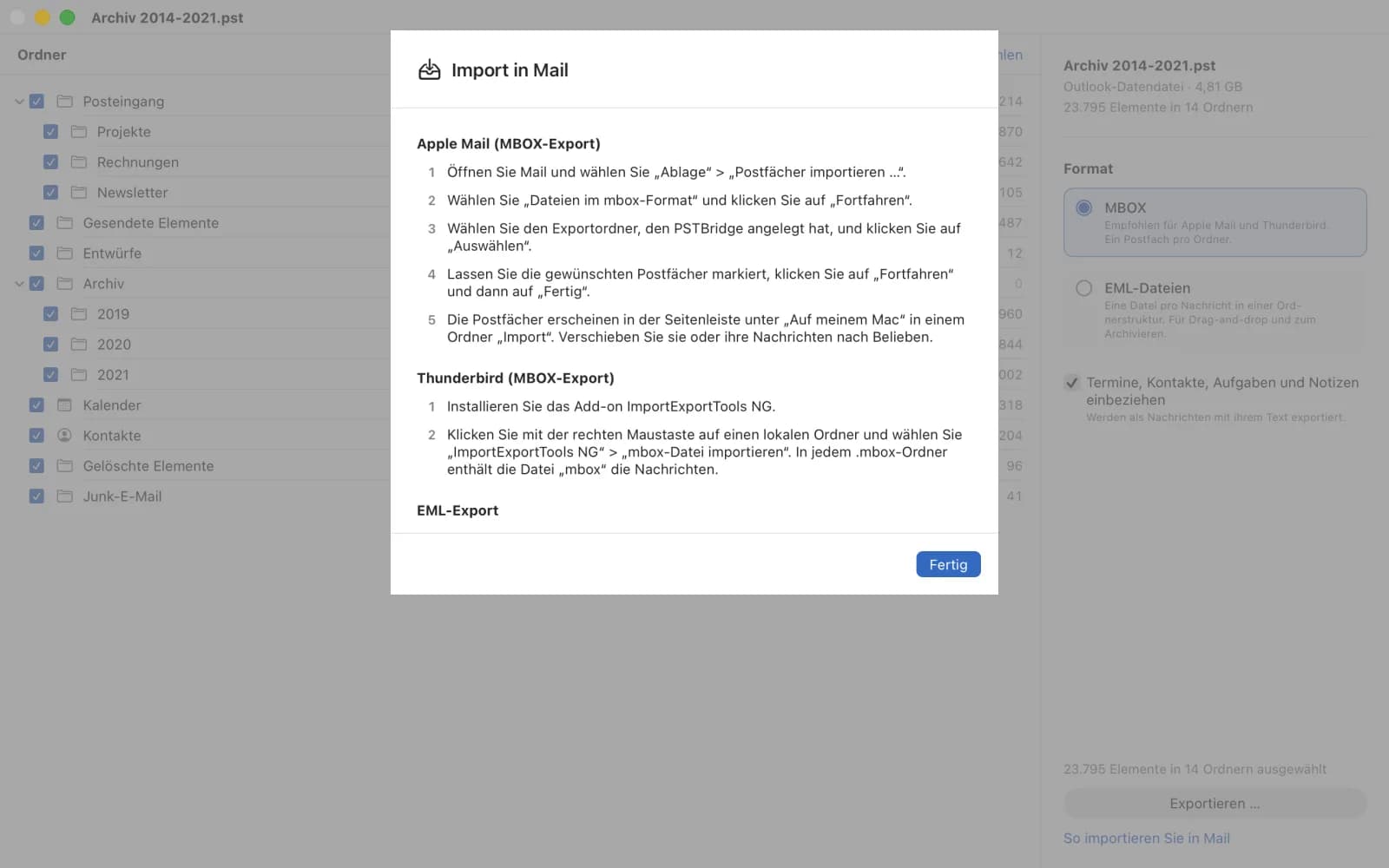 Anleitung für den Import in Apple Mail, Thunderbird und für EML-Dateien