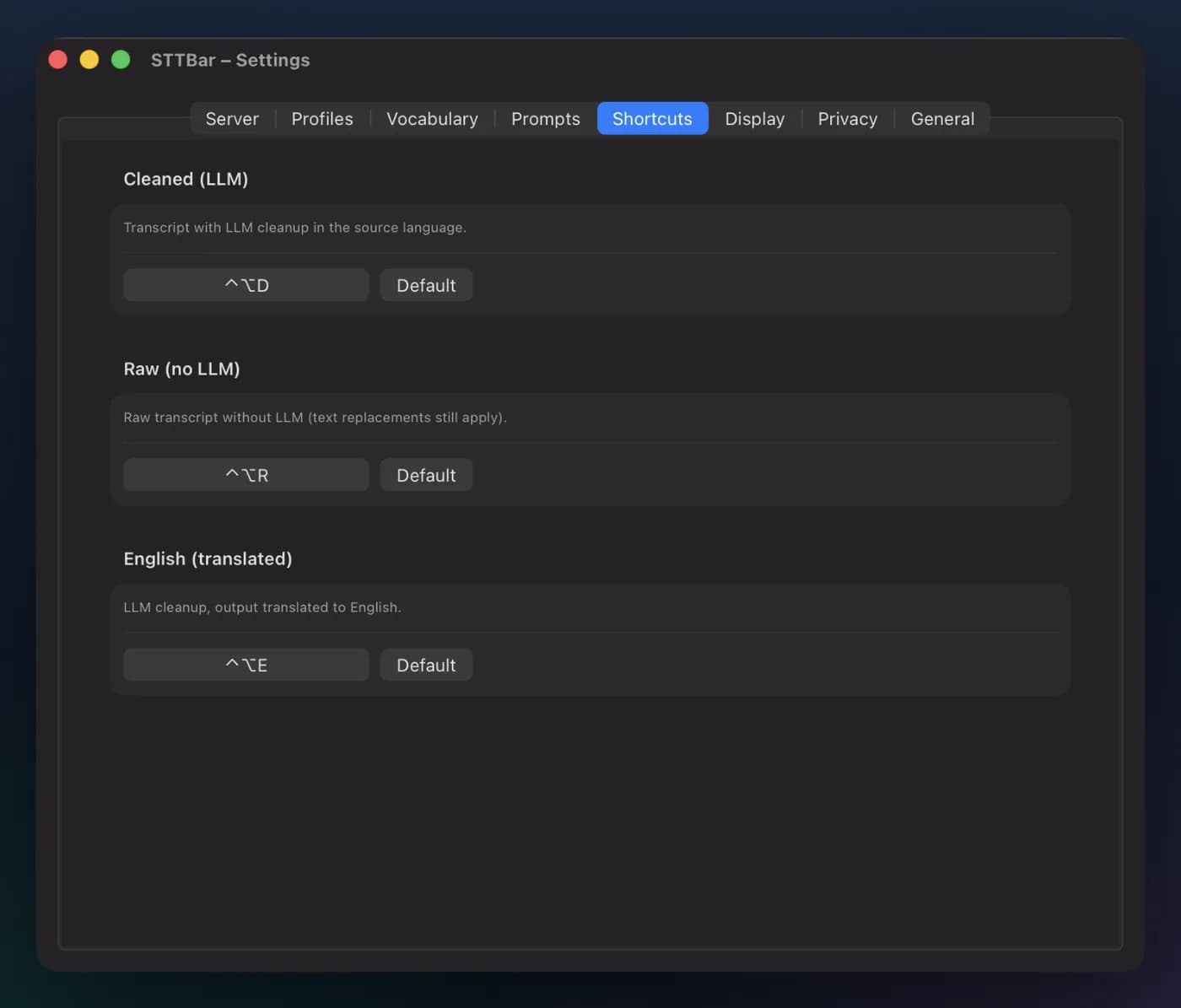 STTBar settings with the hotkeys for cleaned-up text, raw transcript and English output