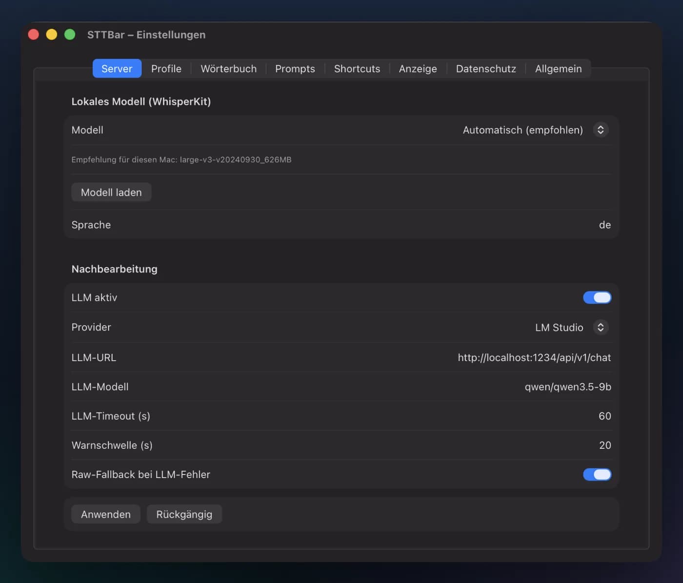 STTBar Einstellungen für die Nachbearbeitung mit LM Studio