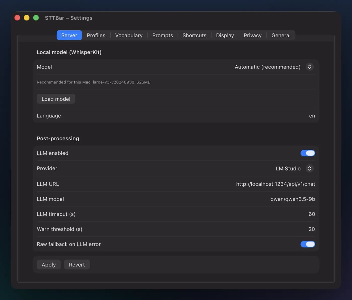 STTBar post-processing settings with LM Studio