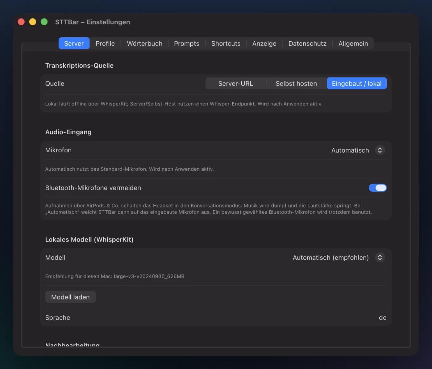 STTBar Einstellungen für die Transkription mit lokalem WhisperKit-Modell