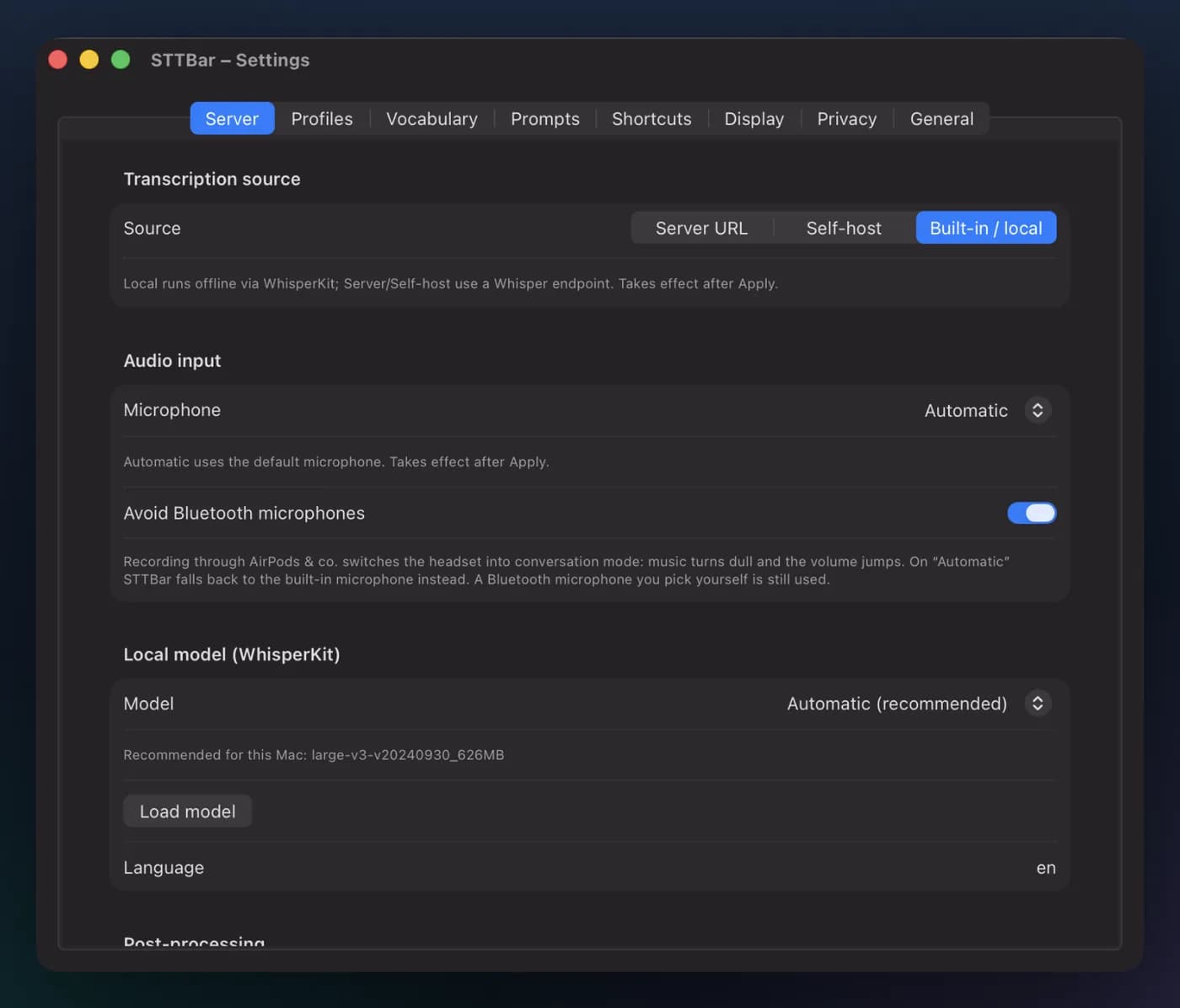 STTBar transcription settings with a local WhisperKit model