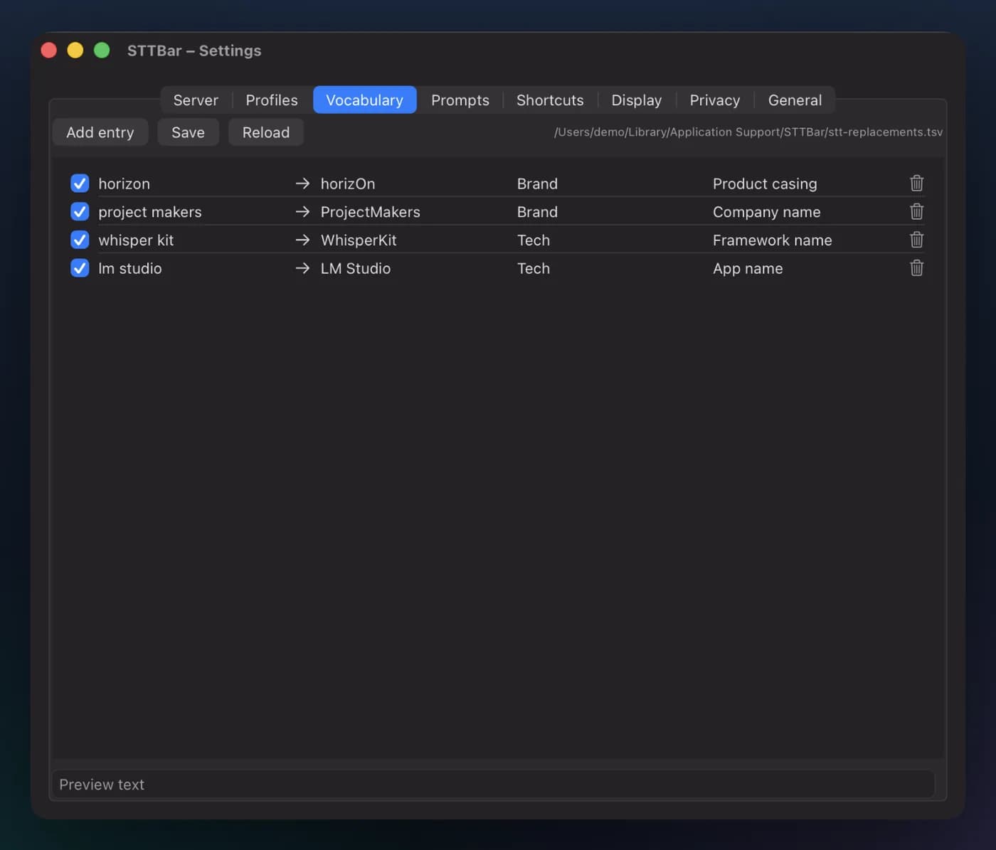 STTBar vocabulary with replacements for product names and technical terms