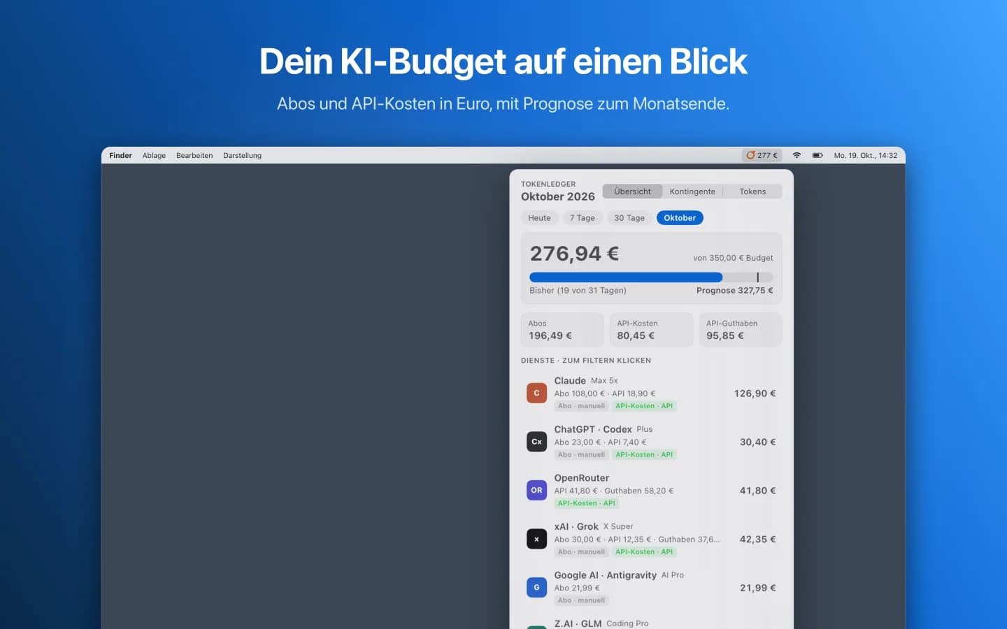 TokenLedger in der Menüleiste mit Monatsbudget, Prognose und den Kosten von sechs KI-Diensten