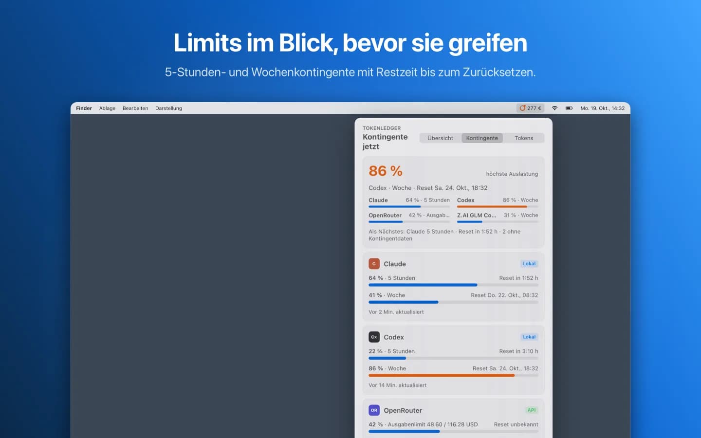 Tab Kontingente mit höchster Auslastung, 5-Stunden- und Wochenlimits und Restzeiten