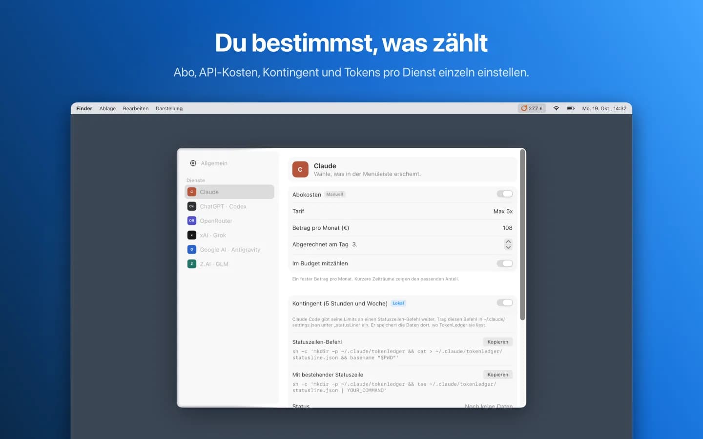 Einstellungen für Claude mit Abo, Kontingent und Tokens