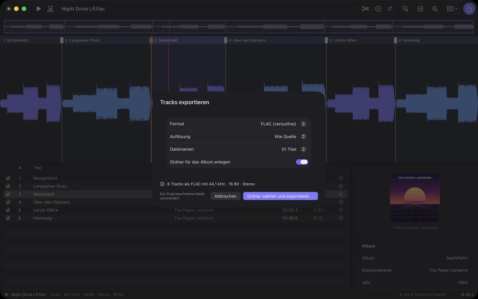 Exportdialog mit Format FLAC, Auflösung wie Quelle und Albumordner