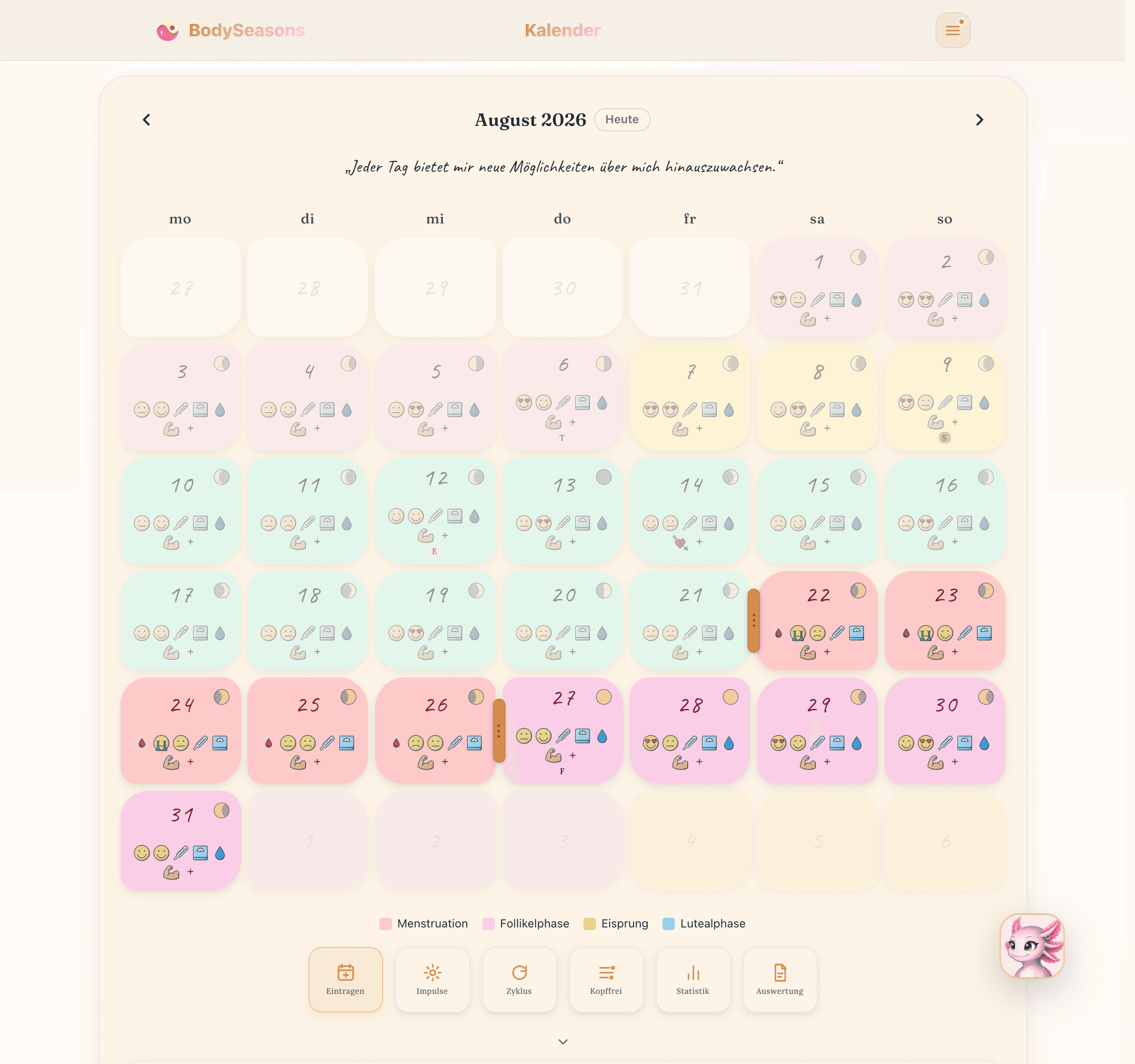 Aktueller BodySeasons Kalender mit fiktiven Zyklus- und Symptomeinträgen