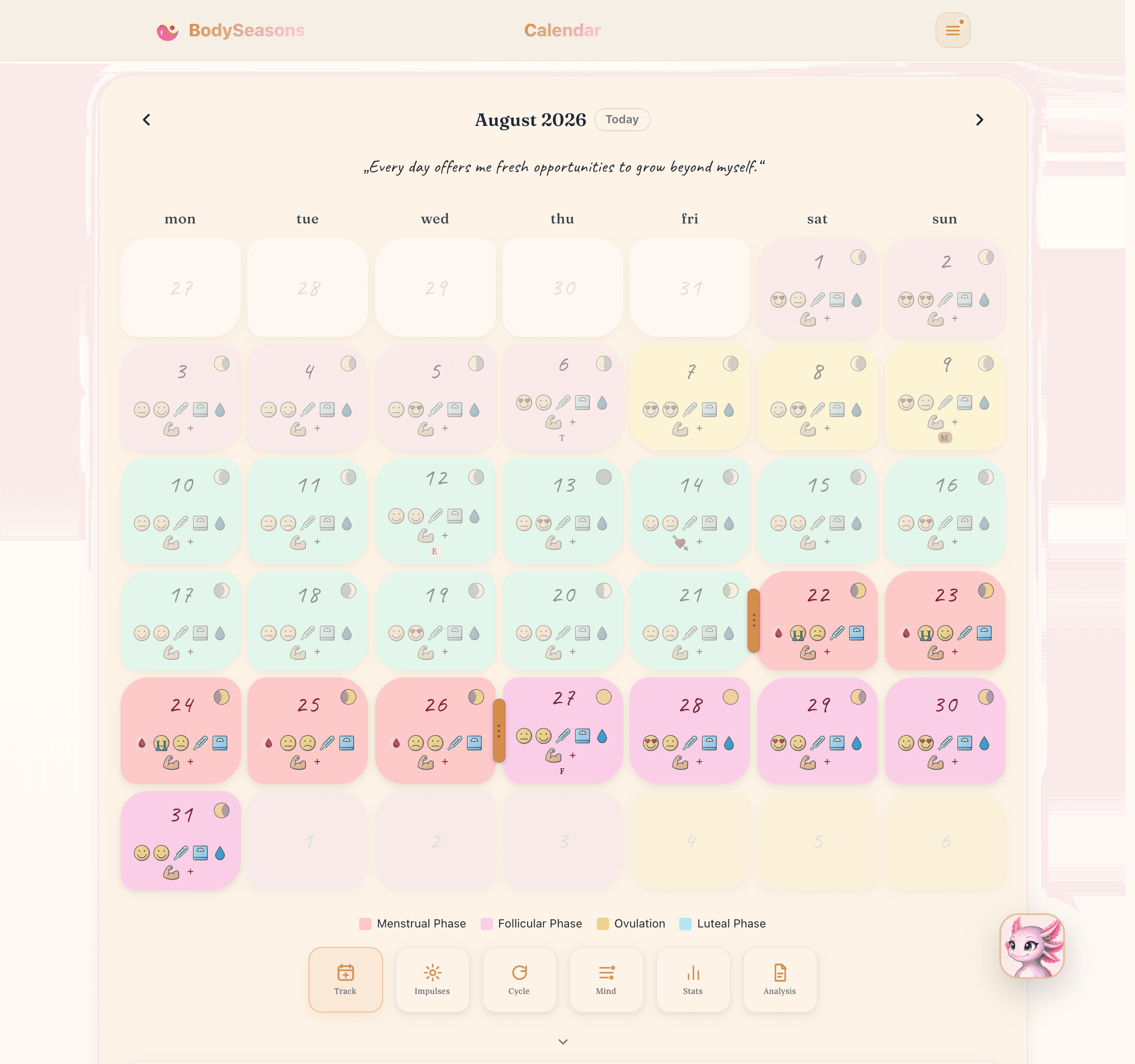 Current BodySeasons calendar with fictional cycle and symptom entries
