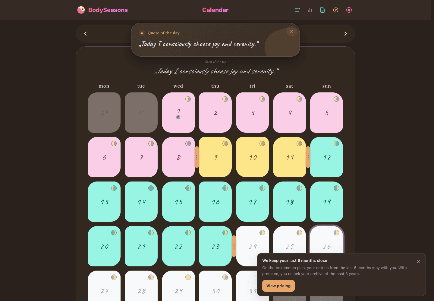 BodySeasons calendar in the dark product view