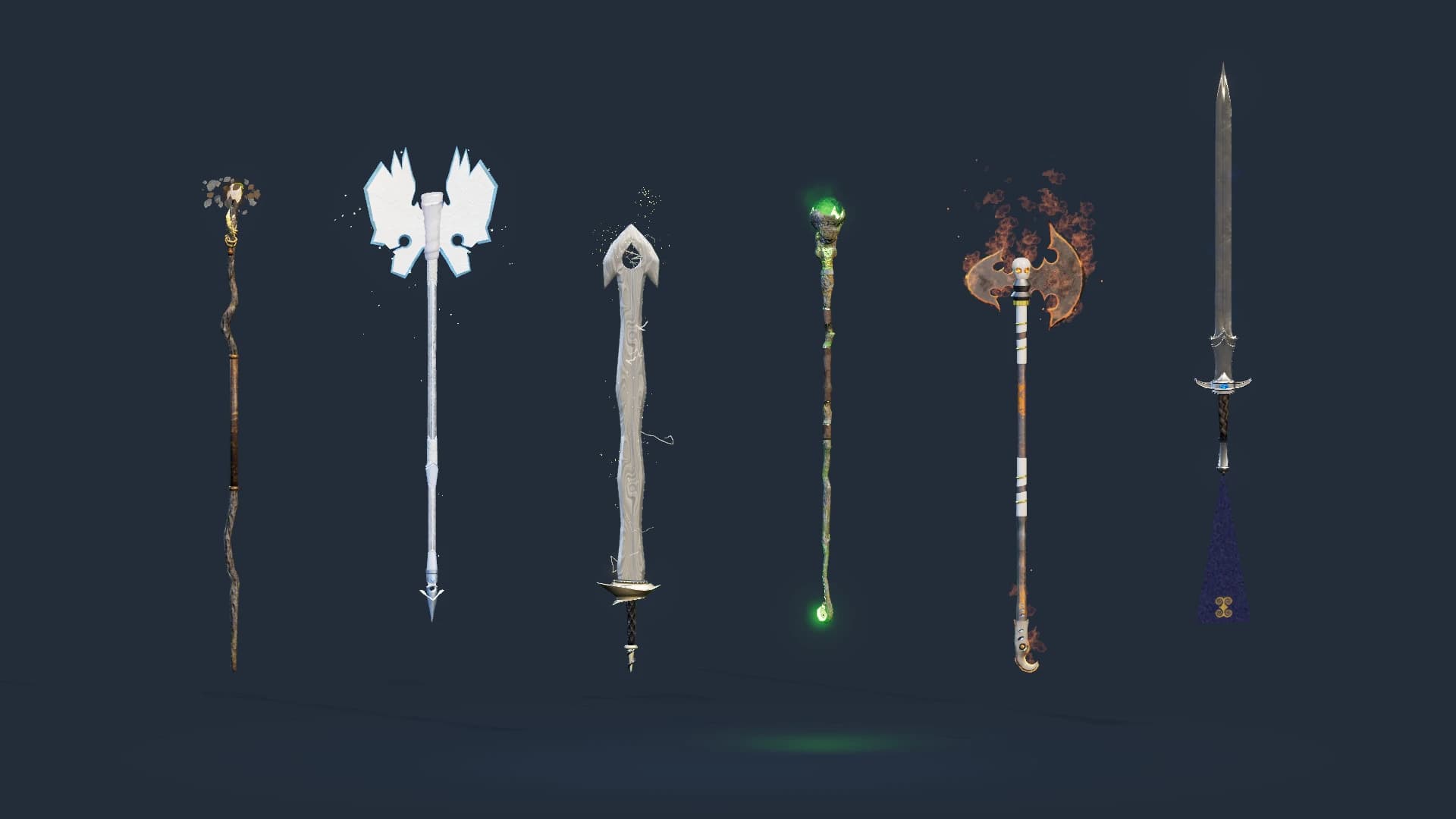 Wands, swords and axes together, with their particle effects and lights