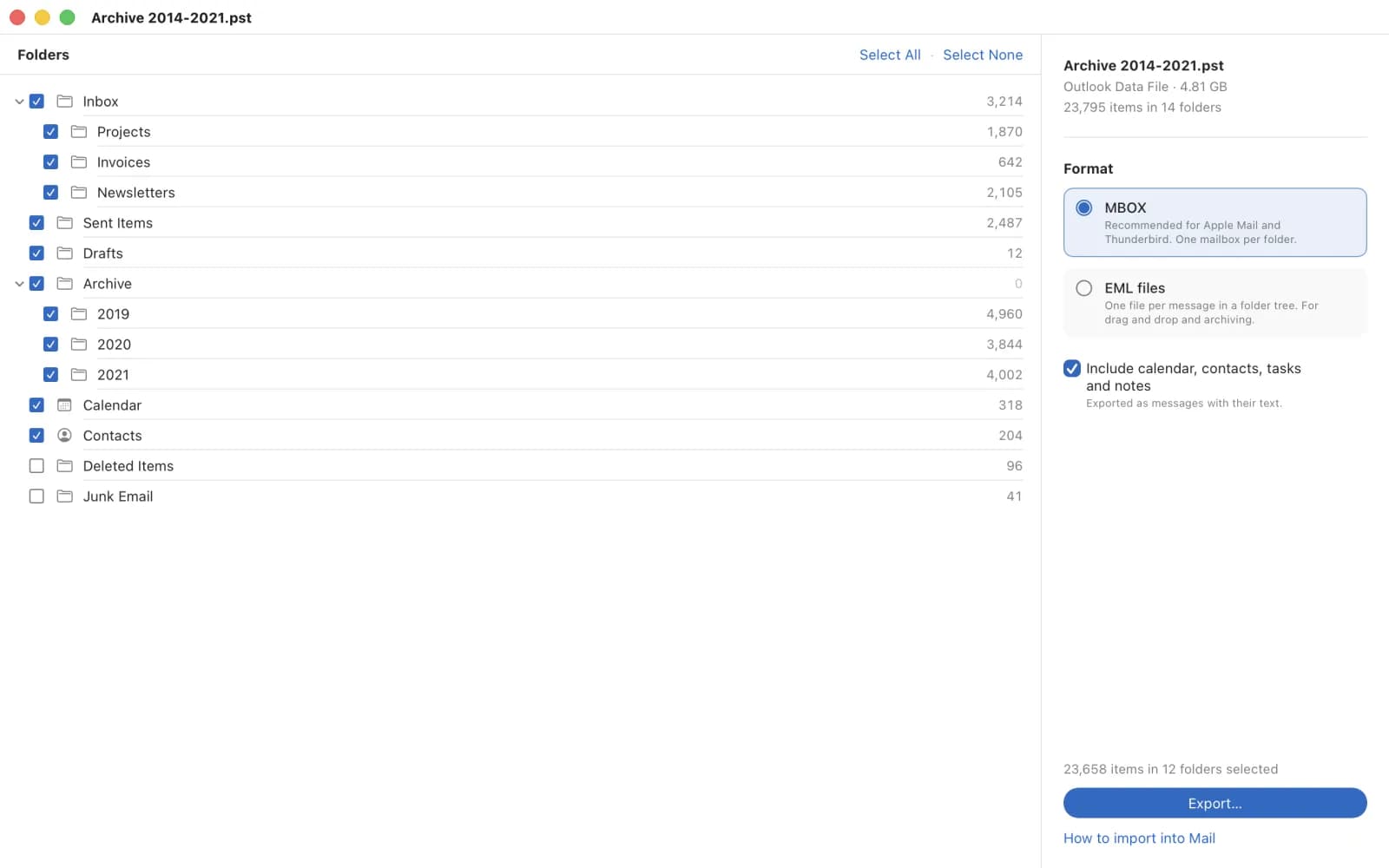 Folder tree with Inbox, Sent Items, an archive by year and checkboxes