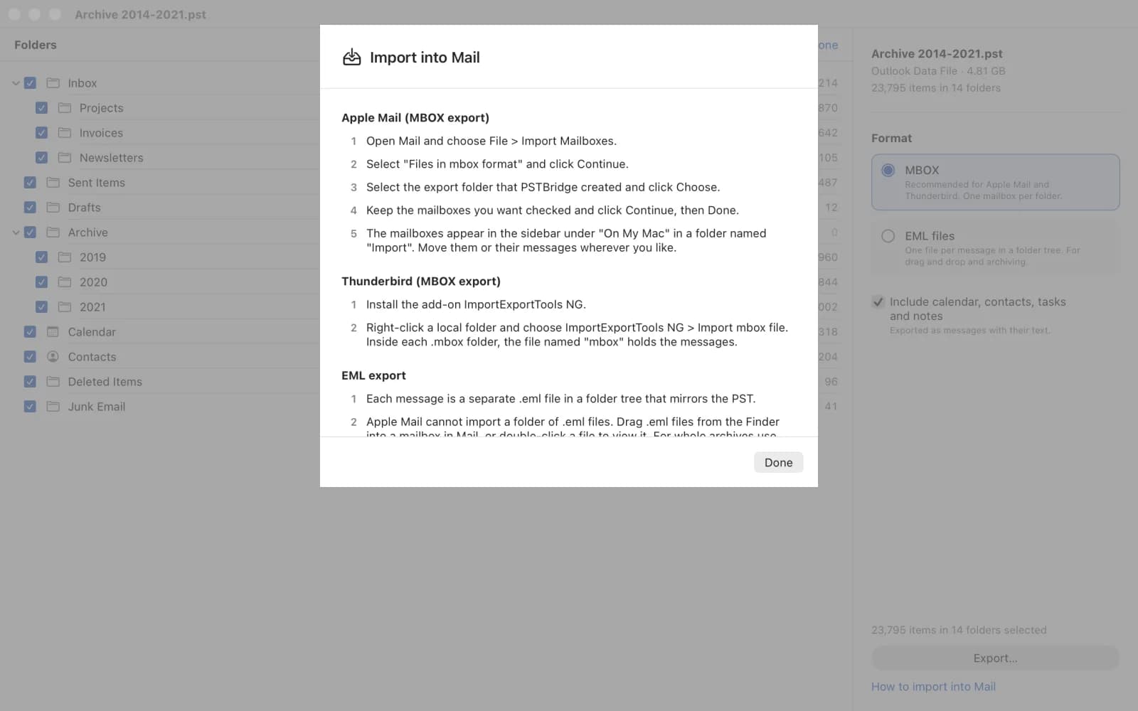 Guide for importing into Apple Mail, Thunderbird and for EML files