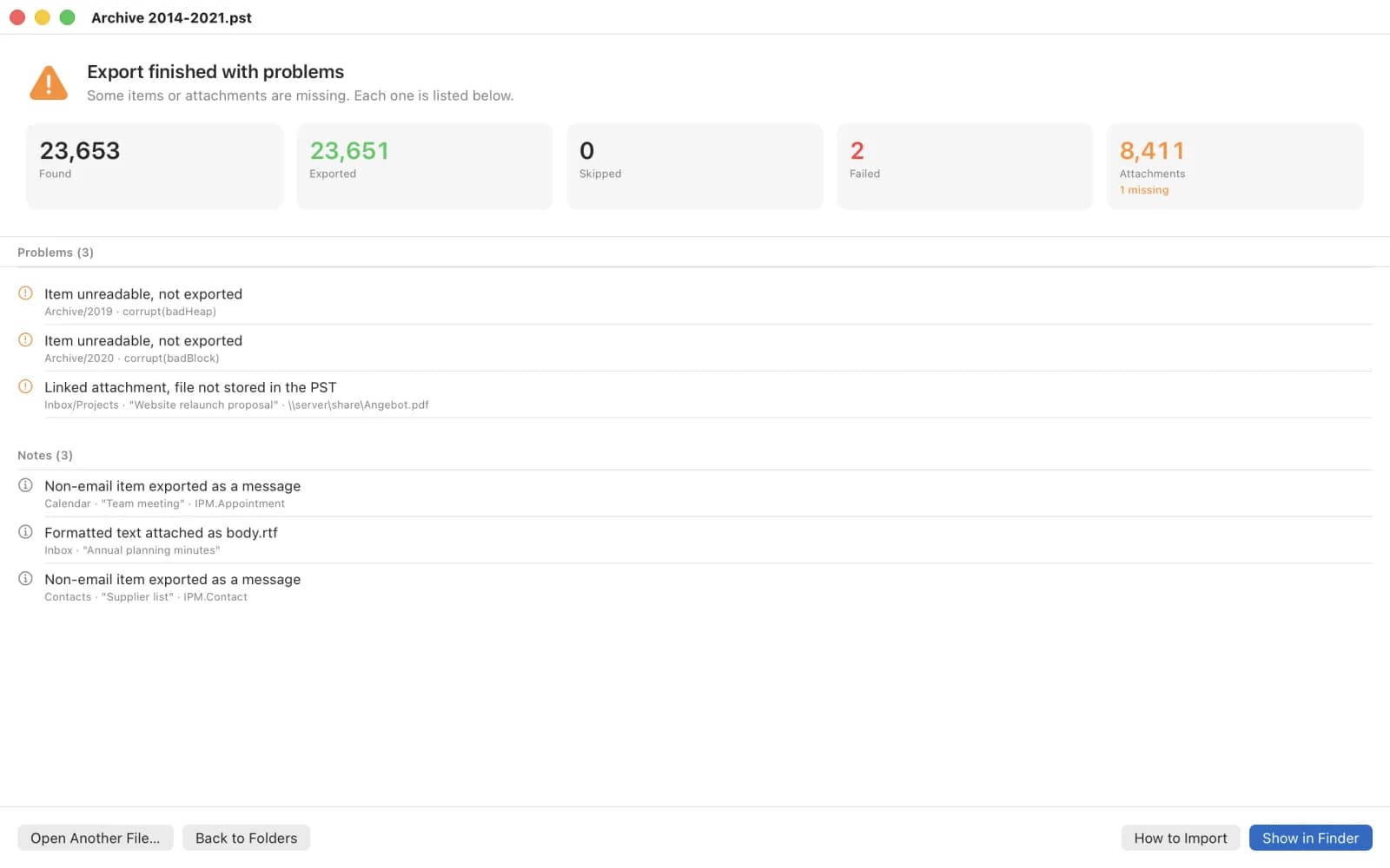 Export result with counts of exported items and attachments and a list of notes
