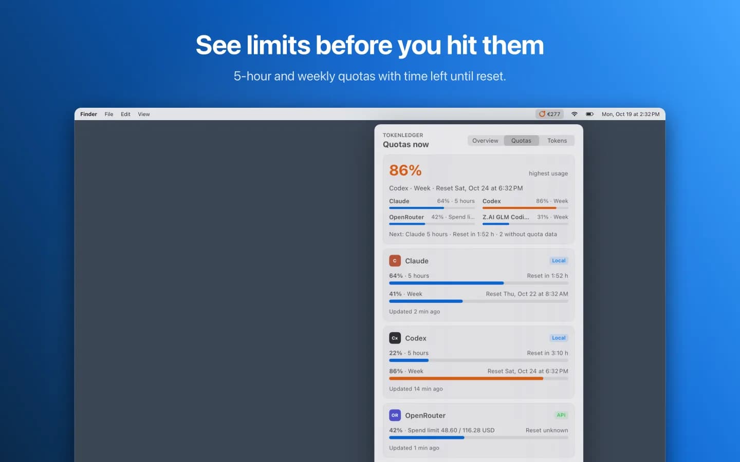 Quotas tab with highest usage, 5-hour and weekly limits and reset times