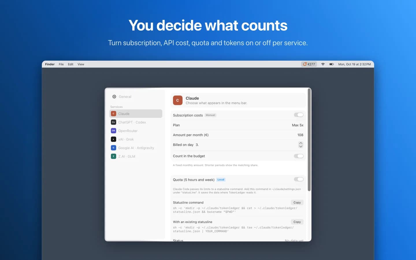 Settings for Claude with subscription, quota and tokens