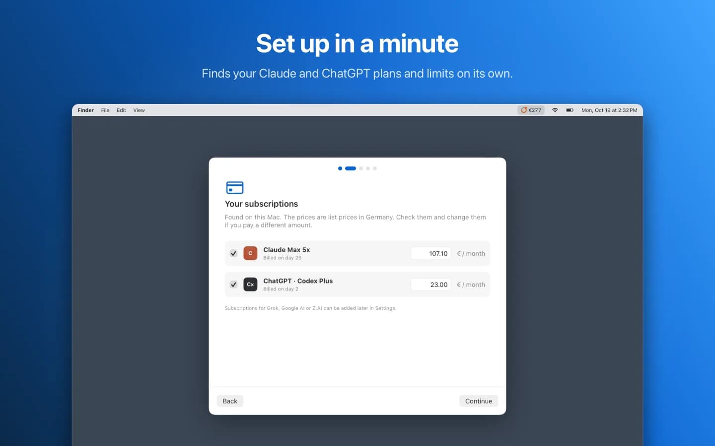Setup assistant with the detected Claude Max and ChatGPT Plus plans and their monthly prices