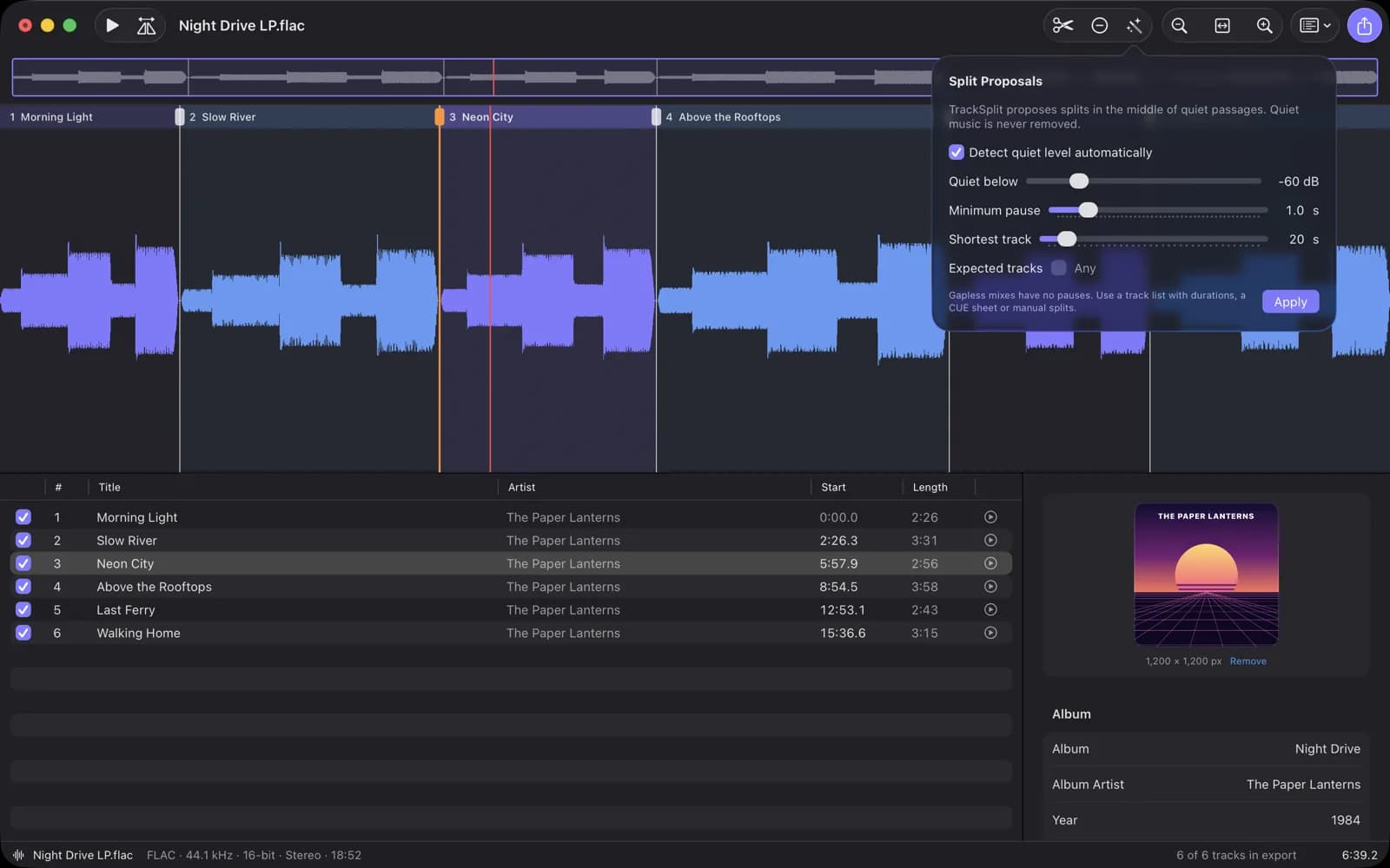 Split proposal settings with quiet level, minimum pause and shortest track