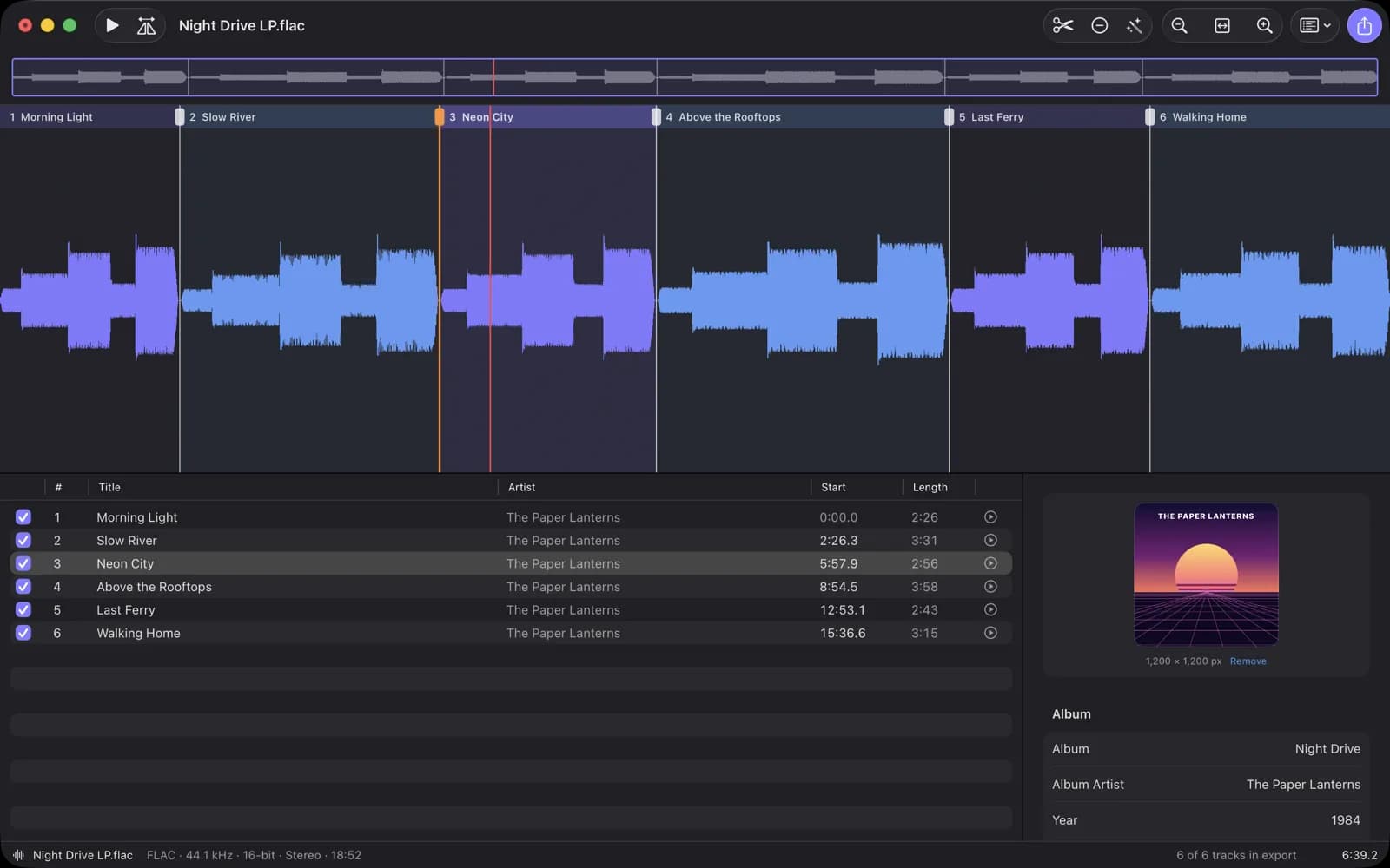 TrackSplit showing the waveform of an album recording, six tracks and the album cover