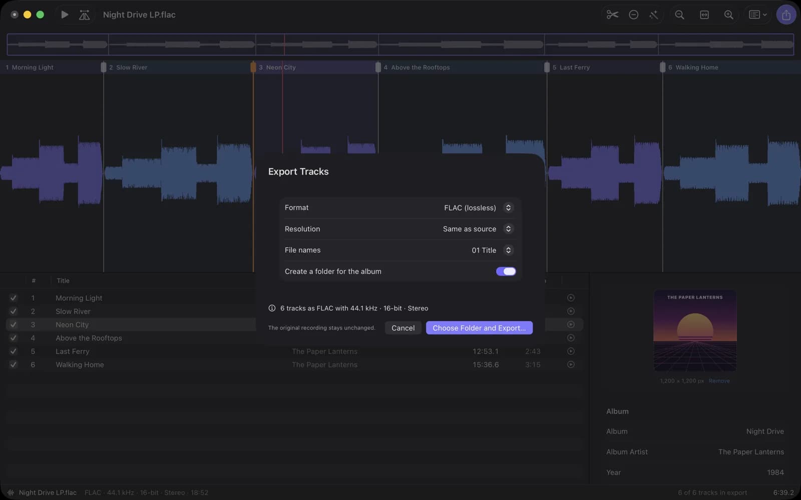 Export dialog with FLAC format, same resolution as the source and an album folder