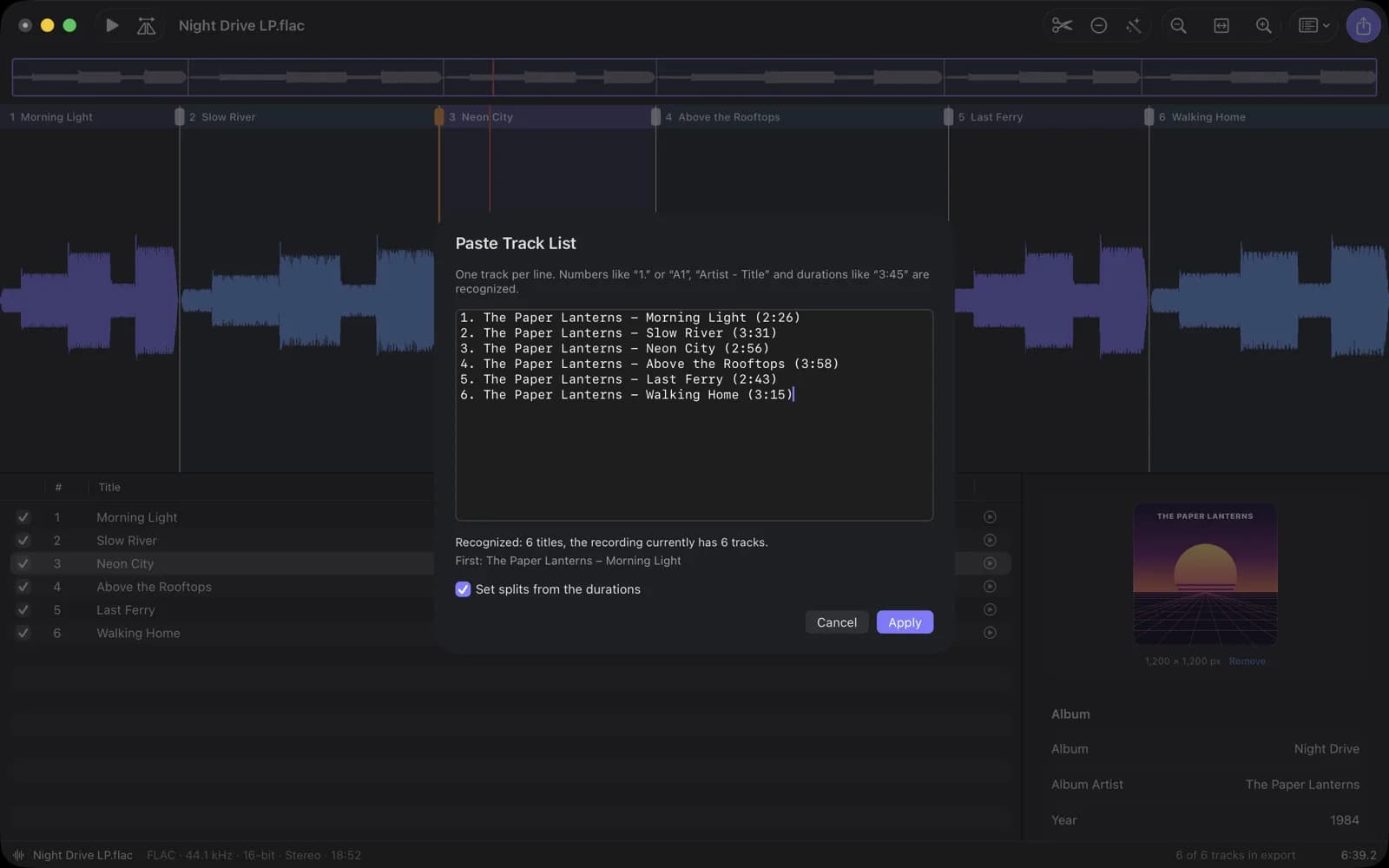 Pasted track list with artists, titles and durations