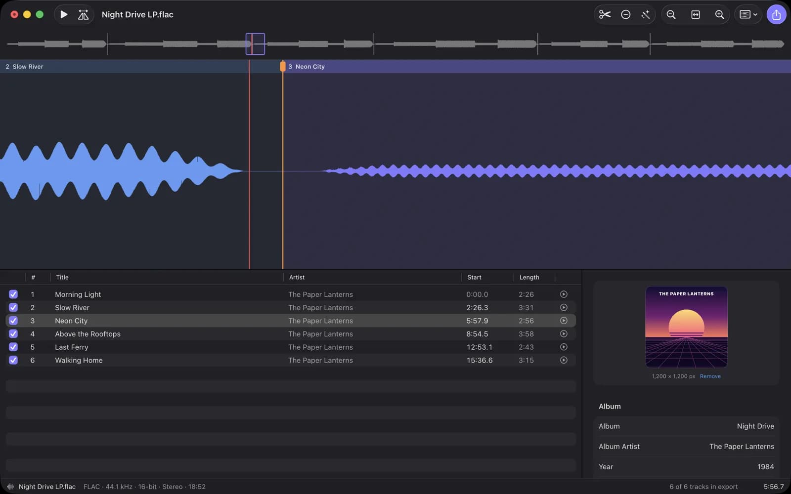 Highly zoomed waveform showing the transition between two tracks