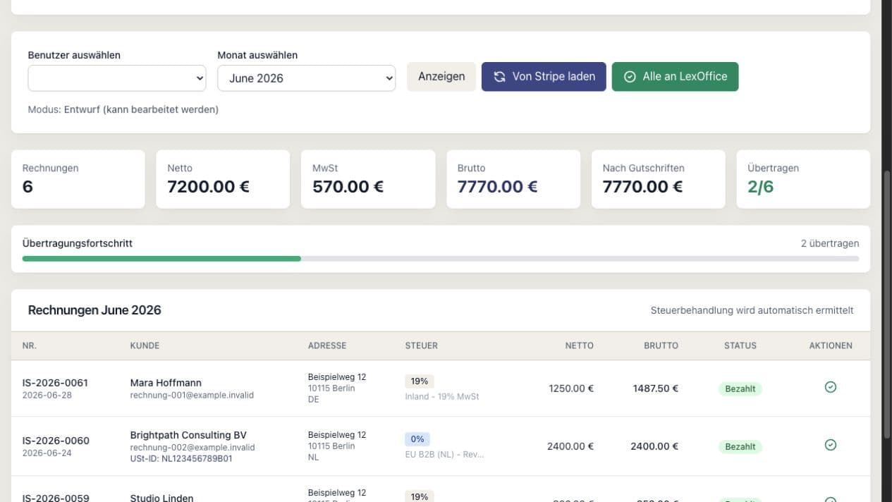 InvoiceSync Dashboard mit synchronisierten Rechnungen