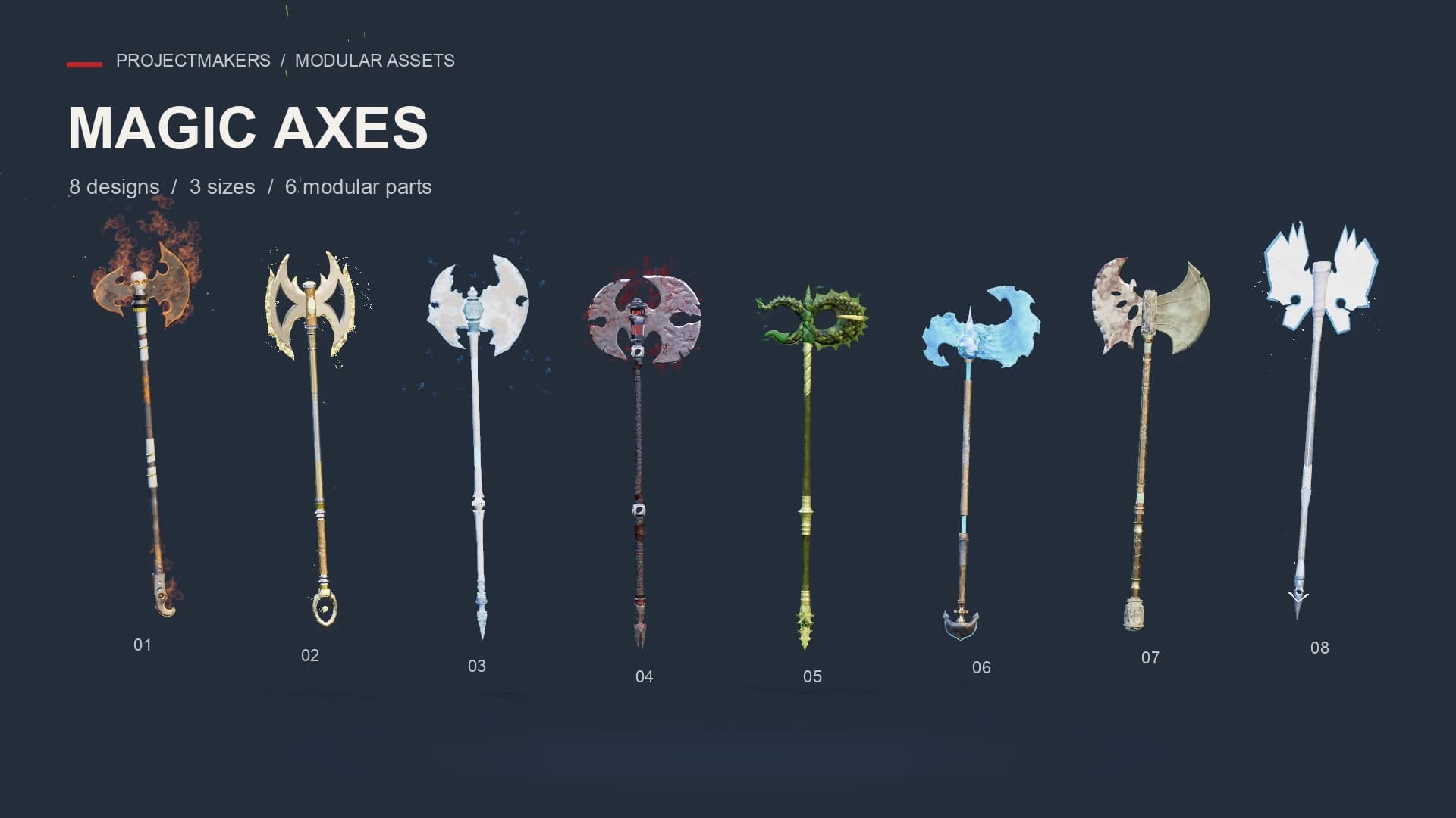All eight modular axe designs with their effects